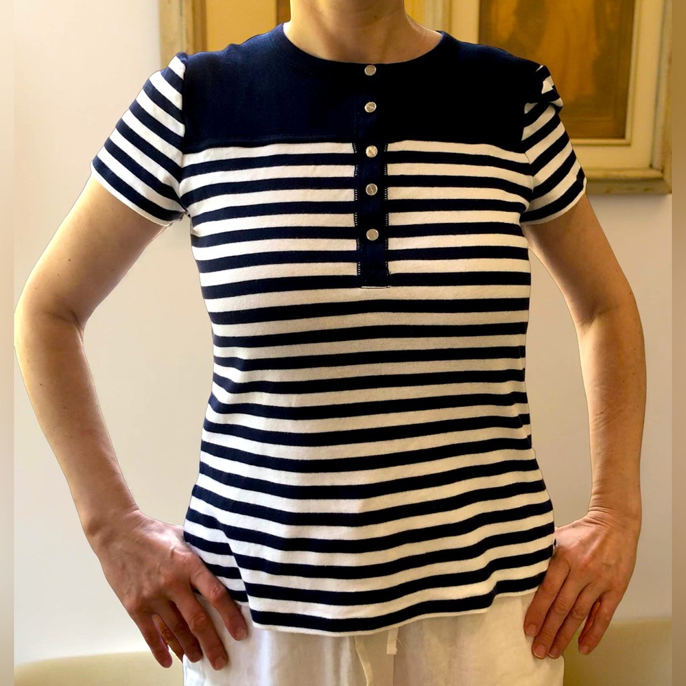 Chaps Ralph Loren Cotton Navy and White Striped Henley Top with Mesh Yoke Size M